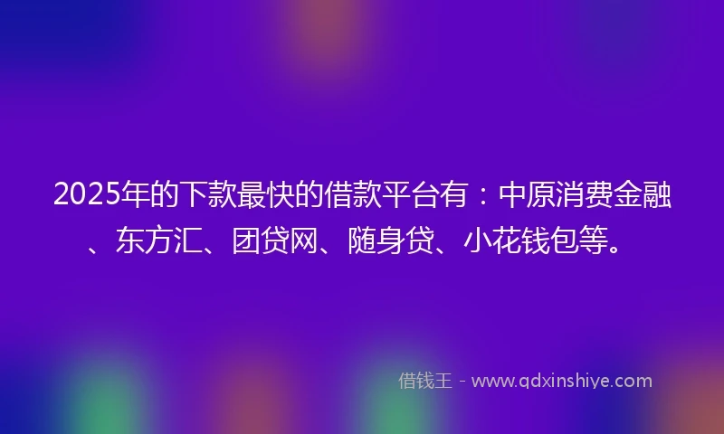 2025年的下款最快的借款平台有：中原消费金融、东方汇、团贷网、随身贷、小花钱包等。