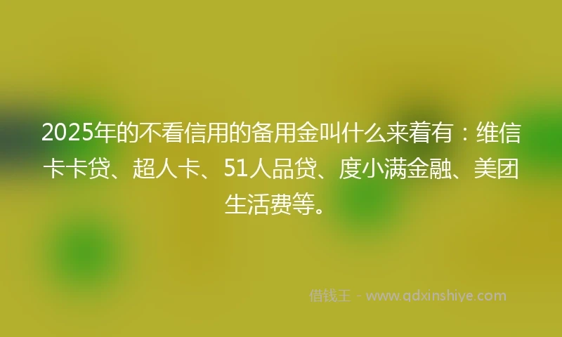 2025年的不看信用的备用金叫什么来着有：维信卡卡贷、超人卡、51人品贷、度小满金融、美团生活费等。