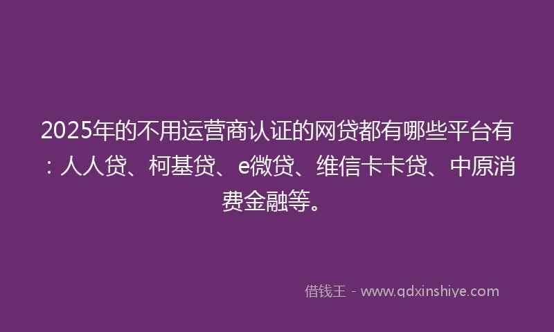 2025年的不用运营商认证的网贷都有哪些平台有：人人贷、柯基贷、e微贷、维信卡卡贷、中原消费金融等。