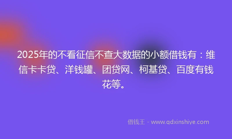 2025年的不看征信不查大数据的小额借钱有：维信卡卡贷、洋钱罐、团贷网、柯基贷、百度有钱花等。