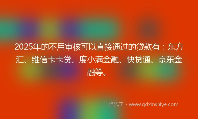 2025年的不用审核可以直接通过的贷款有:东方汇、维信卡卡贷、度小满金融、快贷通、京东金融等。