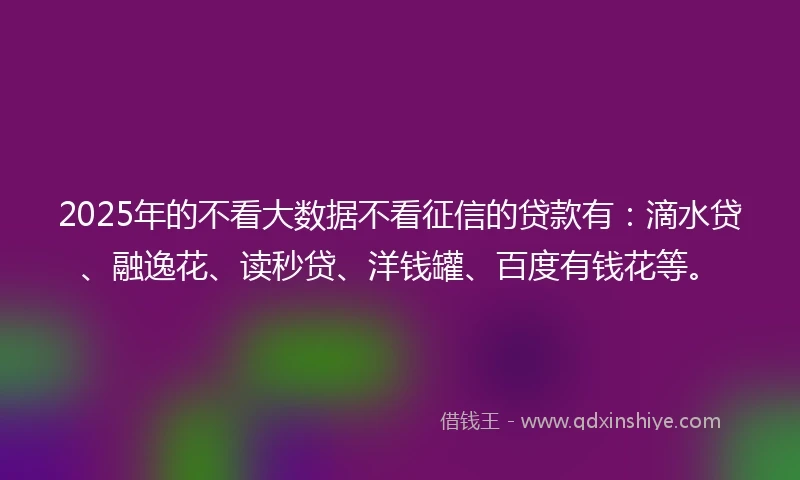 2025年的不看大数据不看征信的贷款有：滴水贷、融逸花、读秒贷、洋钱罐、百度有钱花等。