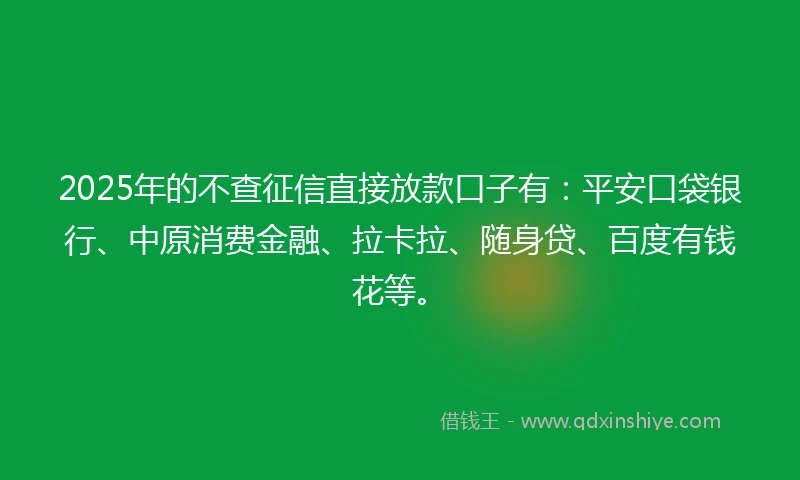 2025年的不查征信直接放款口子有：平安口袋银行、中原消费金融、拉卡拉、随身贷、百度有钱花等。