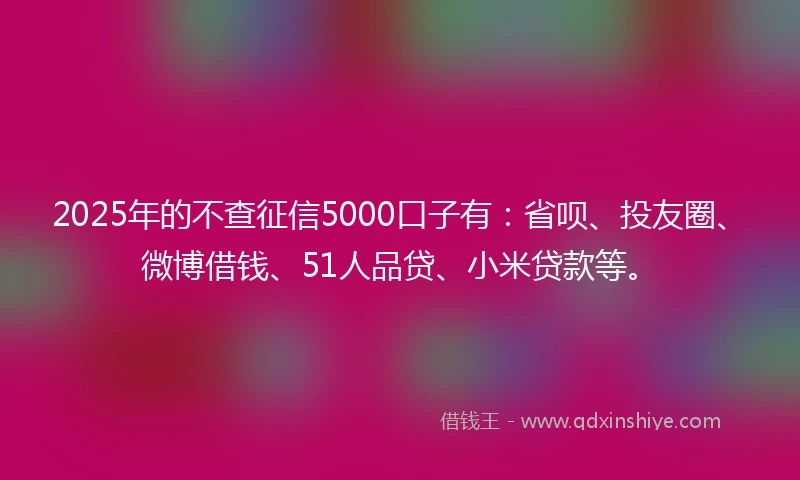 2025年的不查征信5000口子有：省呗、投友圈、微博借钱、51人品贷、小米贷款等。