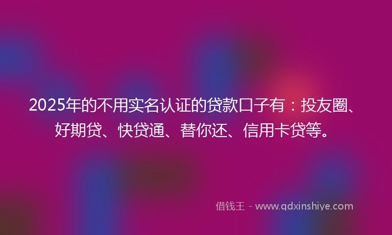 2025年的不用实名认证的贷款口子有：投友圈、好期贷、快贷通、替你还、信用卡贷等。
