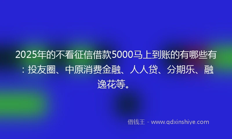 2025年的不看征信借款5000马上到账的有哪些有：投友圈、中原消费金融、人人贷、分期乐、融逸花等。