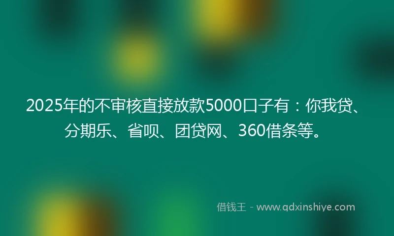 2025年的不审核直接放款5000口子有：你我贷、分期乐、省呗、团贷网、360借条等。