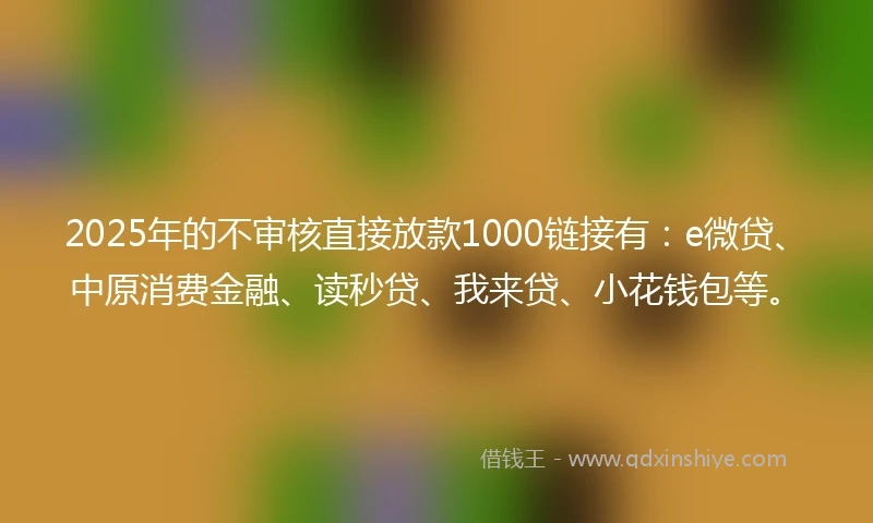 2025年的不审核直接放款1000链接有：e微贷、中原消费金融、读秒贷、我来贷、小花钱包等。