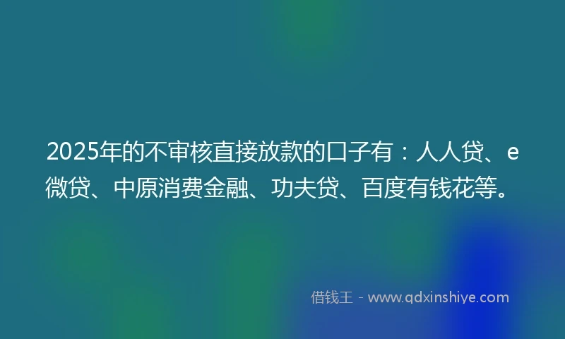 2025年的不审核直接放款的口子有：人人贷、e微贷、中原消费金融、功夫贷、百度有钱花等。