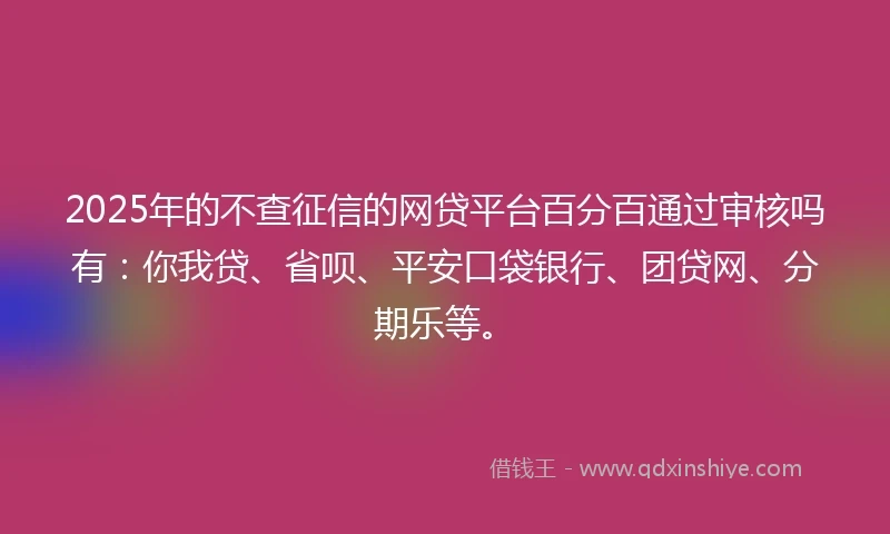 2025年的不查征信的网贷平台百分百通过审核吗有：你我贷、省呗、平安口袋银行、团贷网、分期乐等。