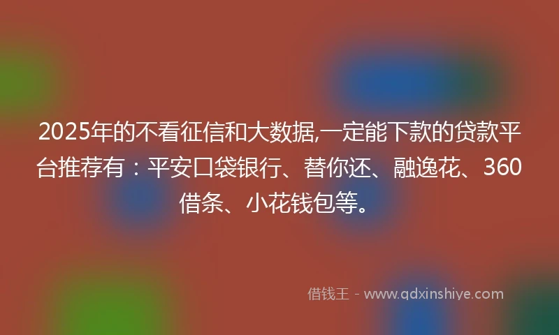 2025年的不看征信和大数据,一定能下款的贷款平台推荐有：平安口袋银行、替你还、融逸花、360借条、小花钱包等。