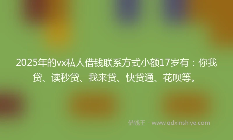 2025年的vx私人借钱联系方式小额17岁有：你我贷、读秒贷、我来贷、快贷通、花呗等。