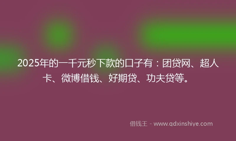 2025年的一千元秒下款的口子有：团贷网、超人卡、微博借钱、好期贷、功夫贷等。