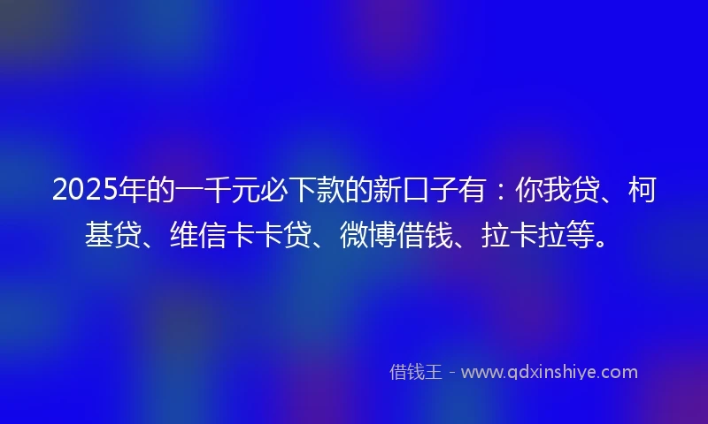 2025年的一千元必下款的新口子有：你我贷、柯基贷、维信卡卡贷、微博借钱、拉卡拉等。