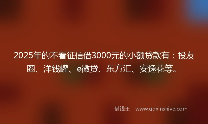 2025年的不看征信借3000元的小额贷款有：投友圈、洋钱罐、e微贷、东方汇、安逸花等。