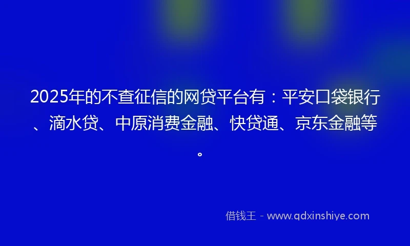 2025年的不查征信的网贷平台有：平安口袋银行、滴水贷、中原消费金融、快贷通、京东金融等。