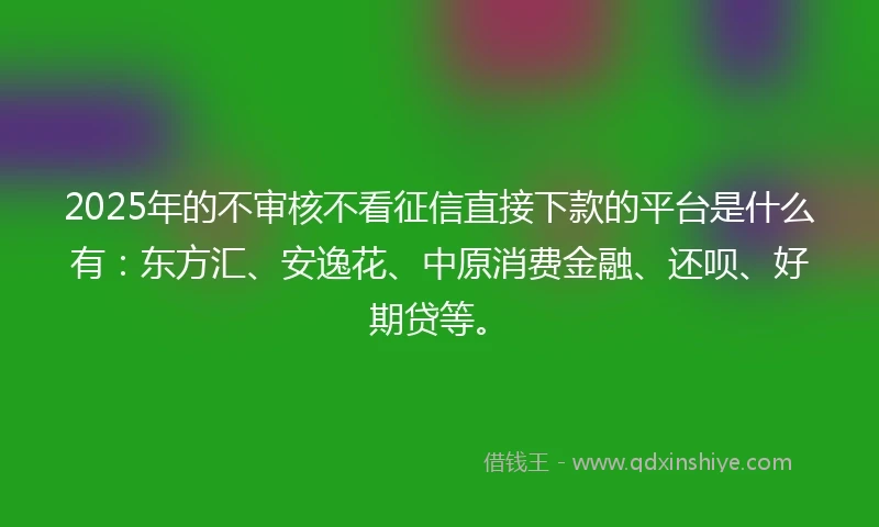 2025年的不审核不看征信直接下款的平台是什么有：东方汇、安逸花、中原消费金融、还呗、好期贷等。