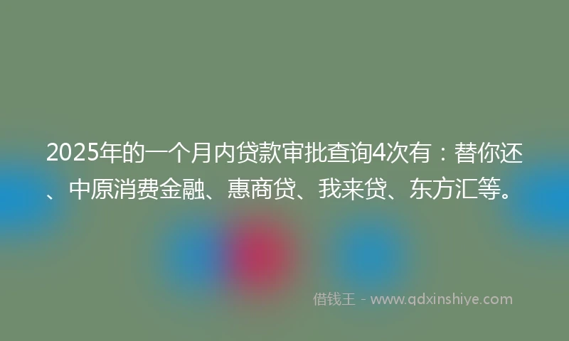 2025年的一个月内贷款审批查询4次有：替你还、中原消费金融、惠商贷、我来贷、东方汇等。