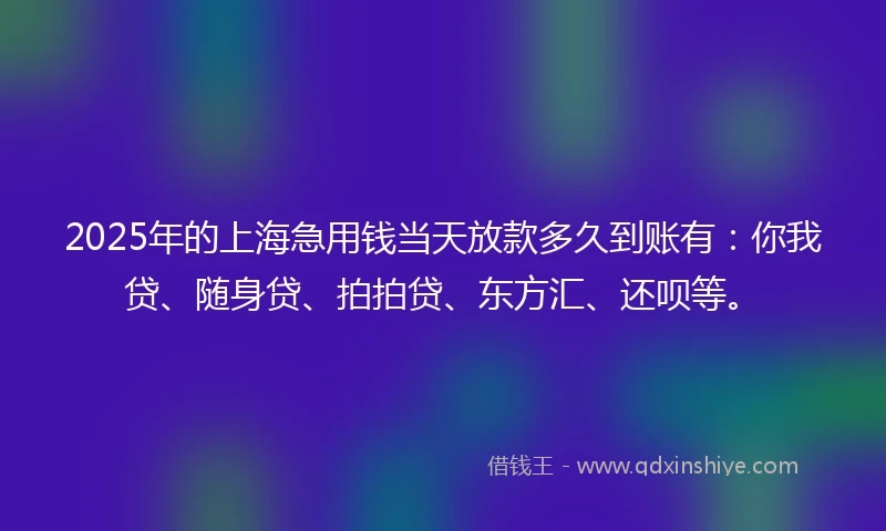 2025年的上海急用钱当天放款多久到账有:你我贷、随身贷、拍拍贷、东方汇、还呗等。