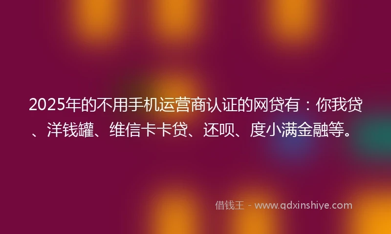2025年的不用手机运营商认证的网贷有：你我贷、洋钱罐、维信卡卡贷、还呗、度小满金融等。