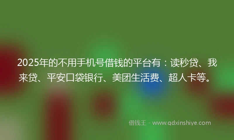 2025年的不用手机号借钱的平台有：读秒贷、我来贷、平安口袋银行、美团生活费、超人卡等。