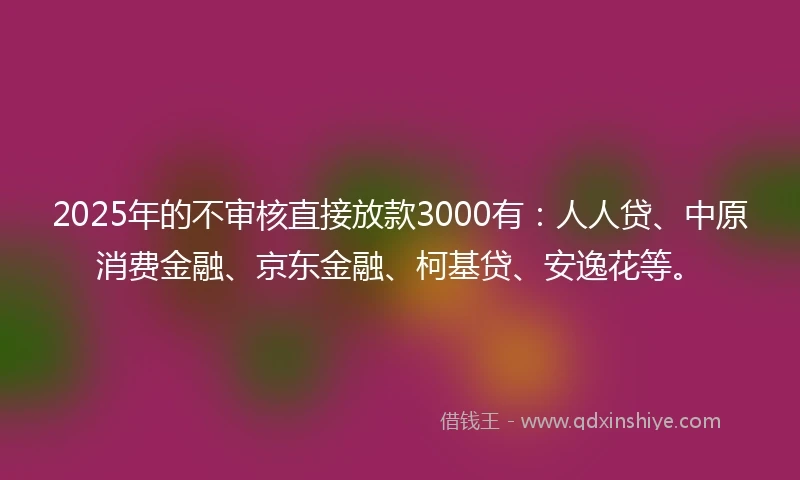 2025年的不审核直接放款3000有：人人贷、中原消费金融、京东金融、柯基贷、安逸花等。