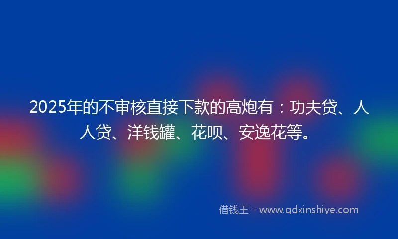 2025年的不审核直接下款的高炮有：功夫贷、人人贷、洋钱罐、花呗、安逸花等。