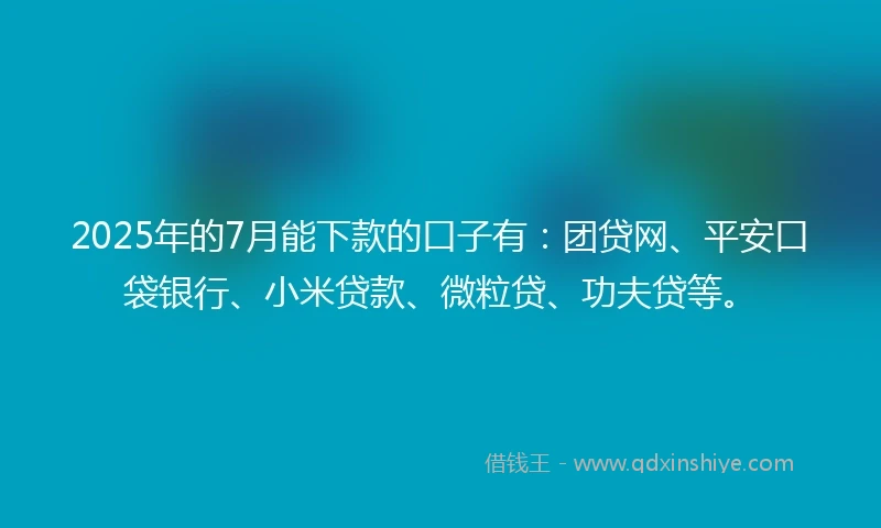 2025年的7月能下款的口子有：团贷网、平安口袋银行、小米贷款、微粒贷、功夫贷等。