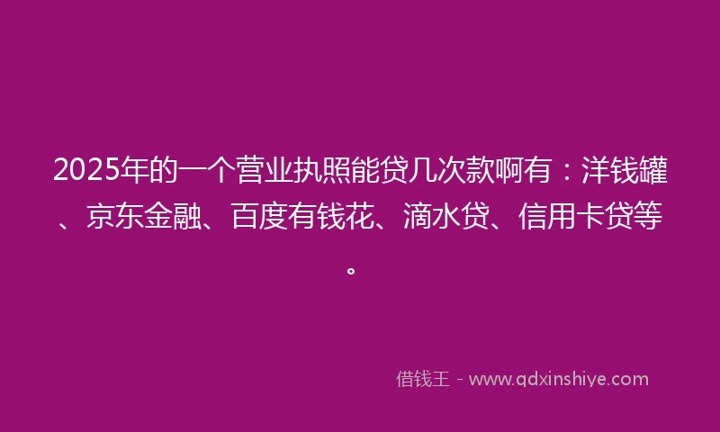 2025年的一个营业执照能贷几次款啊有：洋钱罐、京东金融、百度有钱花、滴水贷、信用卡贷等。