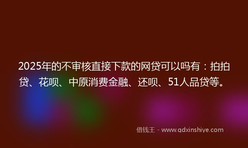 2025年的不审核直接下款的网贷可以吗有：拍拍贷、花呗、中原消费金融、还呗、51人品贷等。