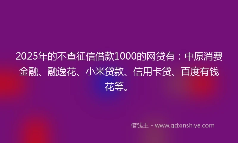 2025年的不查征信借款1000的网贷有：中原消费金融、融逸花、小米贷款、信用卡贷、百度有钱花等。