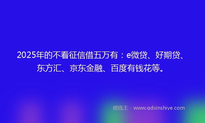 2025年的不看征信借五万有：e微贷、好期贷、东方汇、京东金融、百度有钱花等。