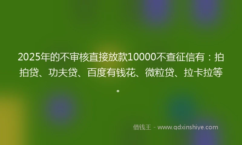 2025年的不审核直接放款10000不查征信有：拍拍贷、功夫贷、百度有钱花、微粒贷、拉卡拉等。