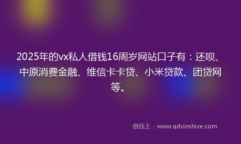 2025年的vx私人借钱16周岁网站口子有：还呗、中原消费金融、维信卡卡贷、小米贷款、团贷网等。