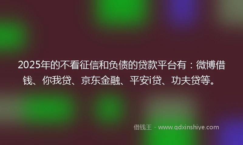 2025年的不看征信和负债的贷款平台有：微博借钱、你我贷、京东金融、平安i贷、功夫贷等。