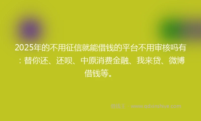 2025年的不用征信就能借钱的平台不用审核吗有：替你还、还呗、中原消费金融、我来贷、微博借钱等。