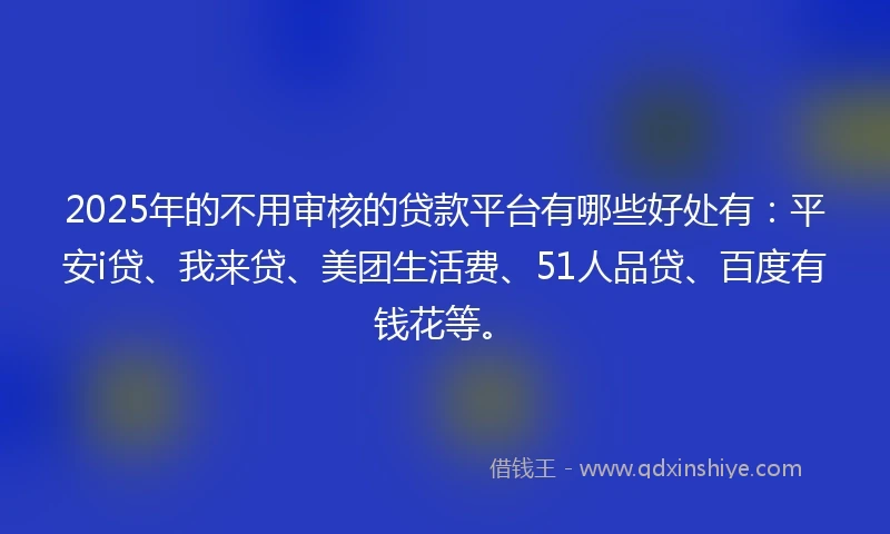 2025年的不用审核的贷款平台有哪些好处有：平安i贷、我来贷、美团生活费、51人品贷、百度有钱花等。