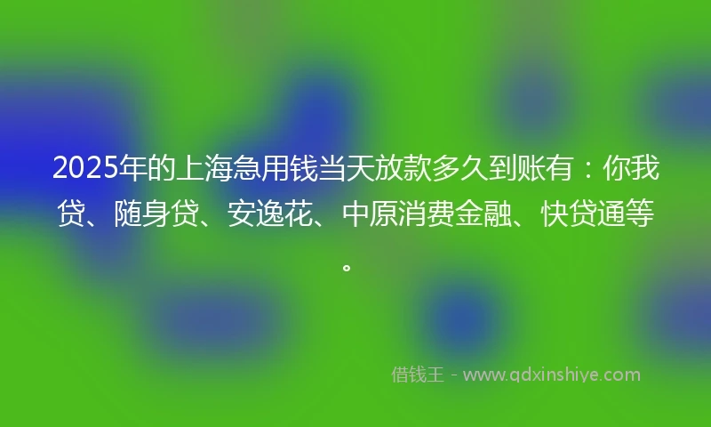 2025年的上海急用钱当天放款多久到账有：你我贷、随身贷、安逸花、中原消费金融、快贷通等。