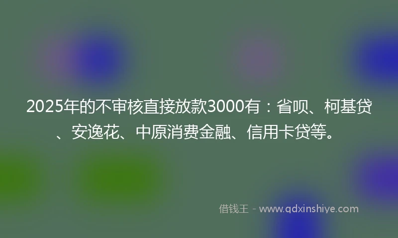 2025年的不审核直接放款3000有：省呗、柯基贷、安逸花、中原消费金融、信用卡贷等。