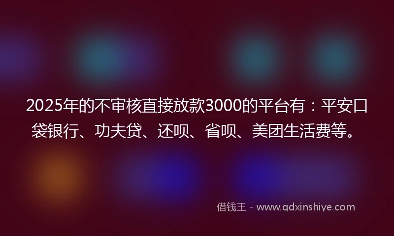2025年的不审核直接放款3000的平台有：平安口袋银行、功夫贷、还呗、省呗、美团生活费等。