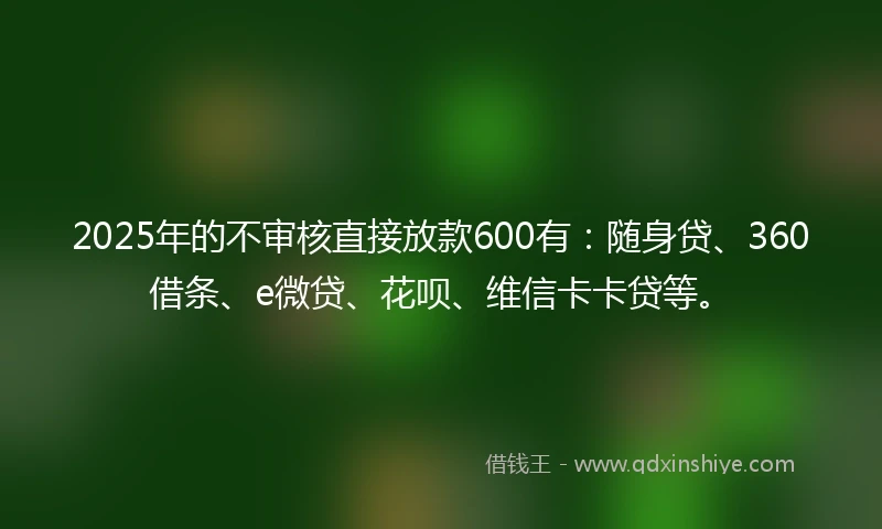2025年的不审核直接放款600有：随身贷、360借条、e微贷、花呗、维信卡卡贷等。
