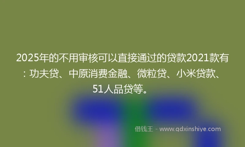 2025年的不用审核可以直接通过的贷款2021款有：功夫贷、中原消费金融、微粒贷、小米贷款、51人品贷等。