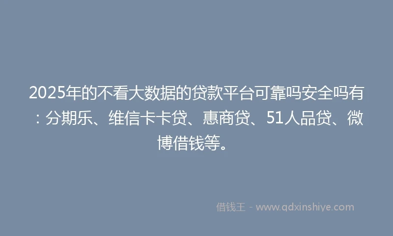 2025年的不看大数据的贷款平台可靠吗安全吗有：分期乐、维信卡卡贷、惠商贷、51人品贷、微博借钱等。