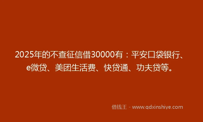 2025年的不查征信借30000有：平安口袋银行、e微贷、美团生活费、快贷通、功夫贷等。