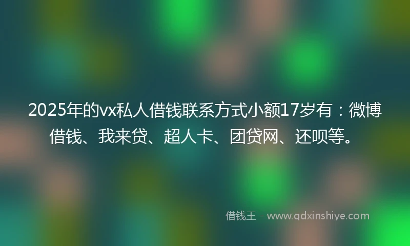 2025年的vx私人借钱联系方式小额17岁有：微博借钱、我来贷、超人卡、团贷网、还呗等。