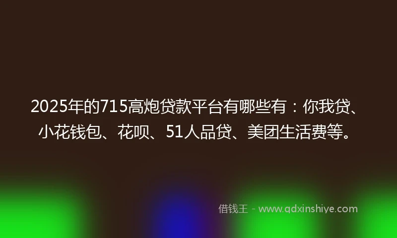 2025年的715高炮贷款平台有哪些有：你我贷、小花钱包、花呗、51人品贷、美团生活费等。