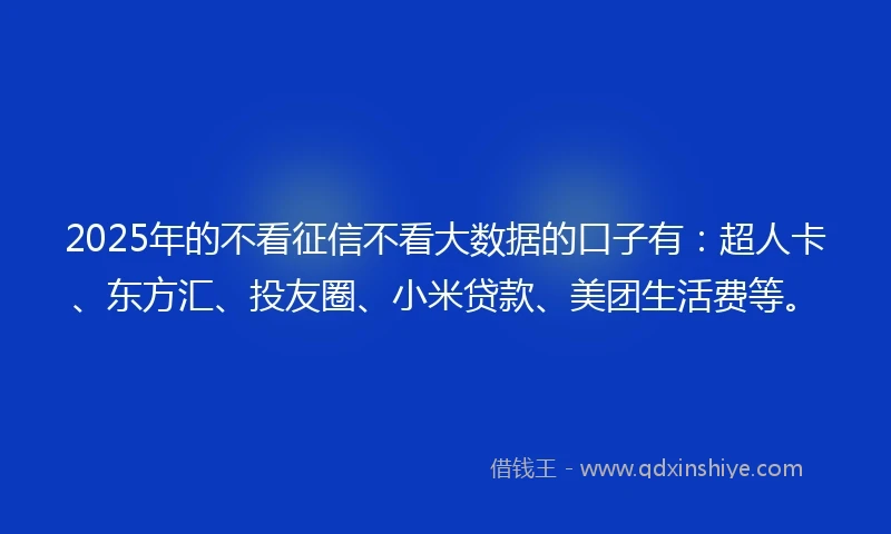2025年的不看征信不看大数据的口子有：超人卡、东方汇、投友圈、小米贷款、美团生活费等。
