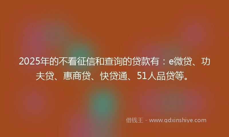 2025年的不看征信和查询的贷款有：e微贷、功夫贷、惠商贷、快贷通、51人品贷等。