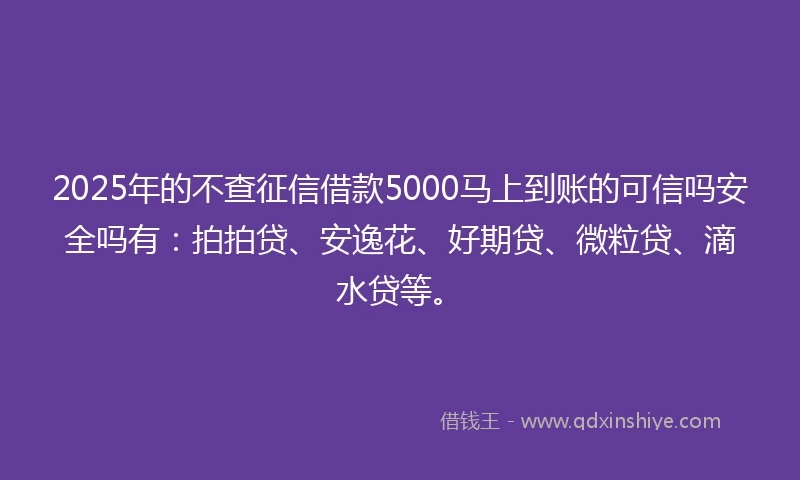 2025年的不查征信借款5000马上到账的可信吗安全吗有：拍拍贷、安逸花、好期贷、微粒贷、滴水贷等。