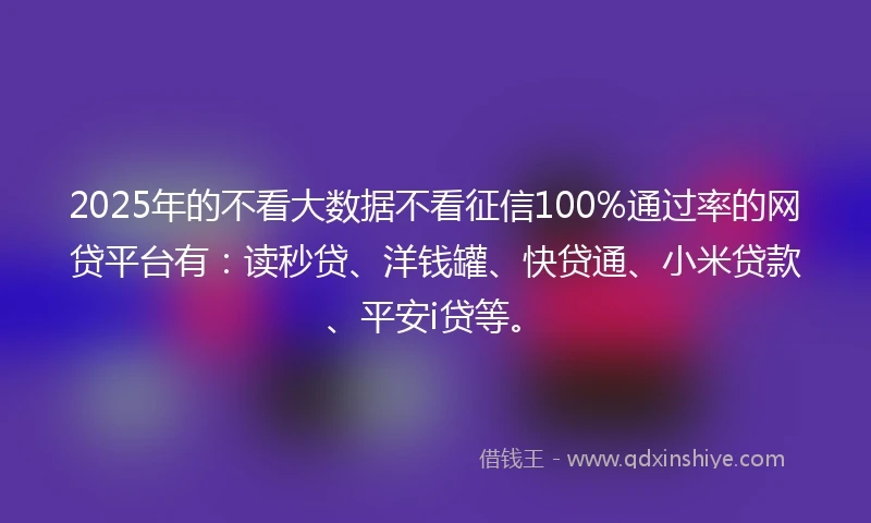 2025年的不看大数据不看征信100%通过率的网贷平台有：读秒贷、洋钱罐、快贷通、小米贷款、平安i贷等。
